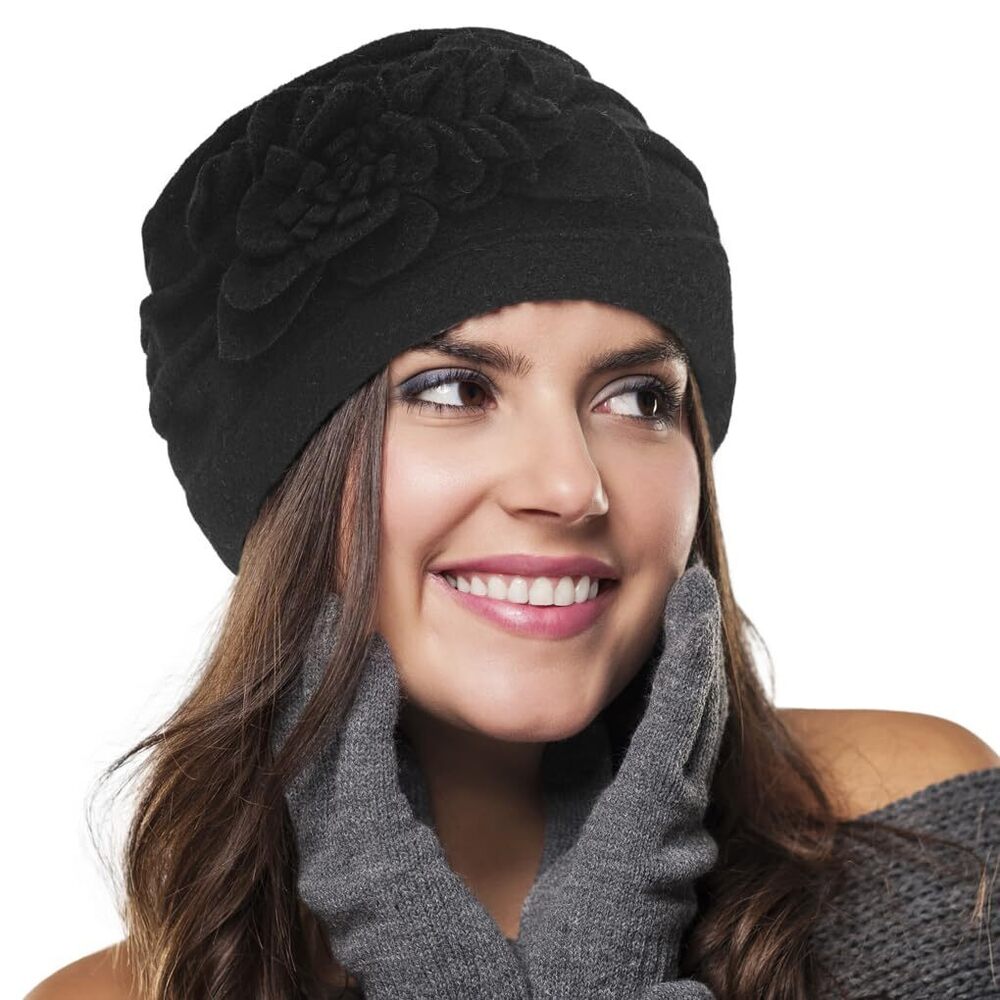 8247 Women Vintage Felt Bucket Hat Winter Wool Dress Beret Hat (c023-black)